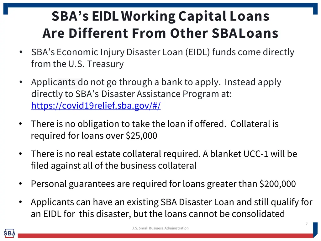 sba s eidl workingcapital loans are different