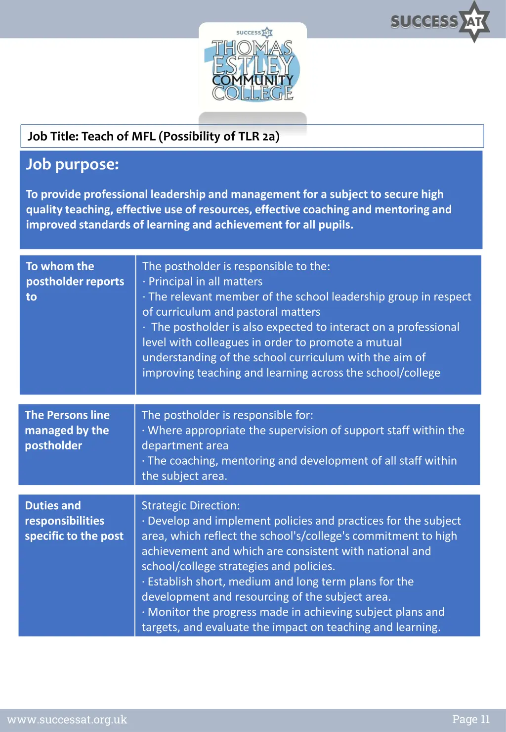 job title teach of mfl possibility of tlr 2a