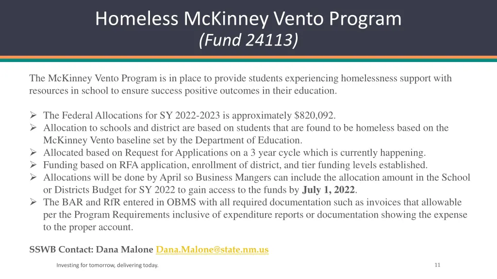 homeless mckinney vento program fund 24113