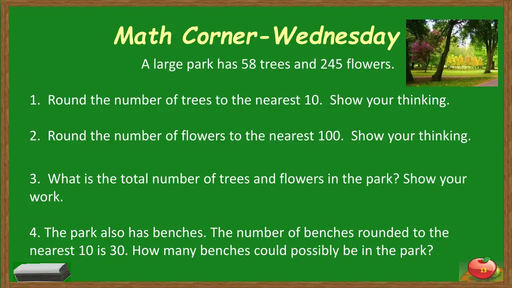 math corner wednesday a large park has 58 trees