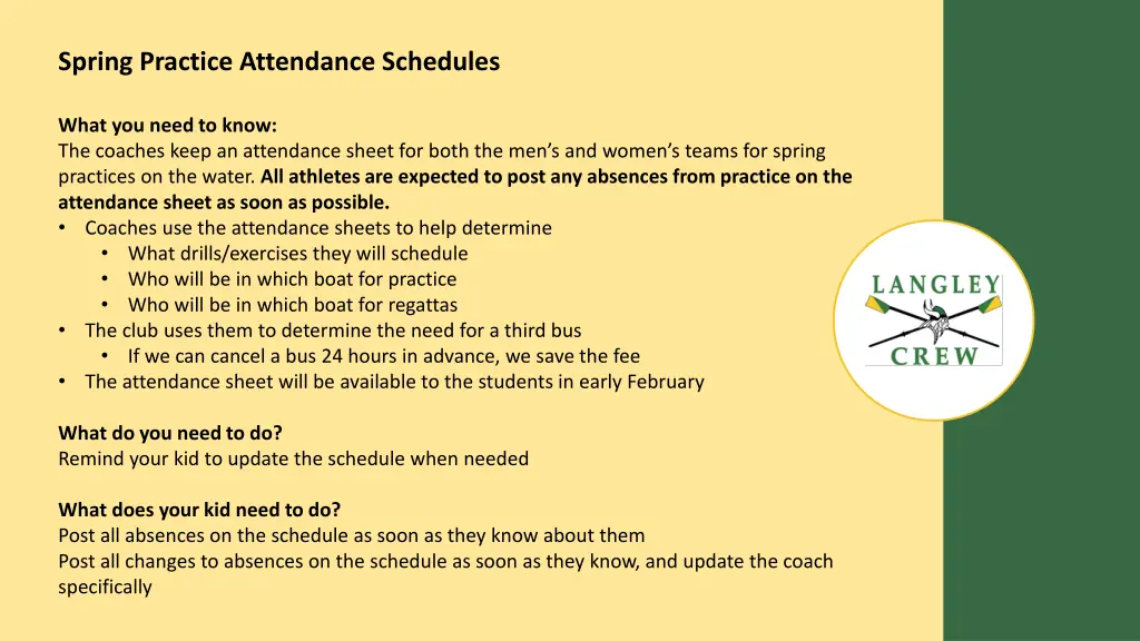 spring practice attendance schedules