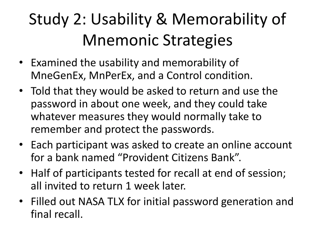 study 2 usability memorability of mnemonic