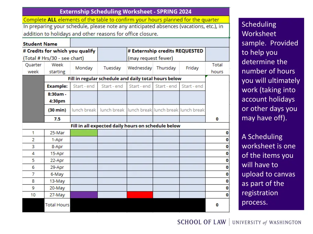 scheduling worksheet sample provided to help