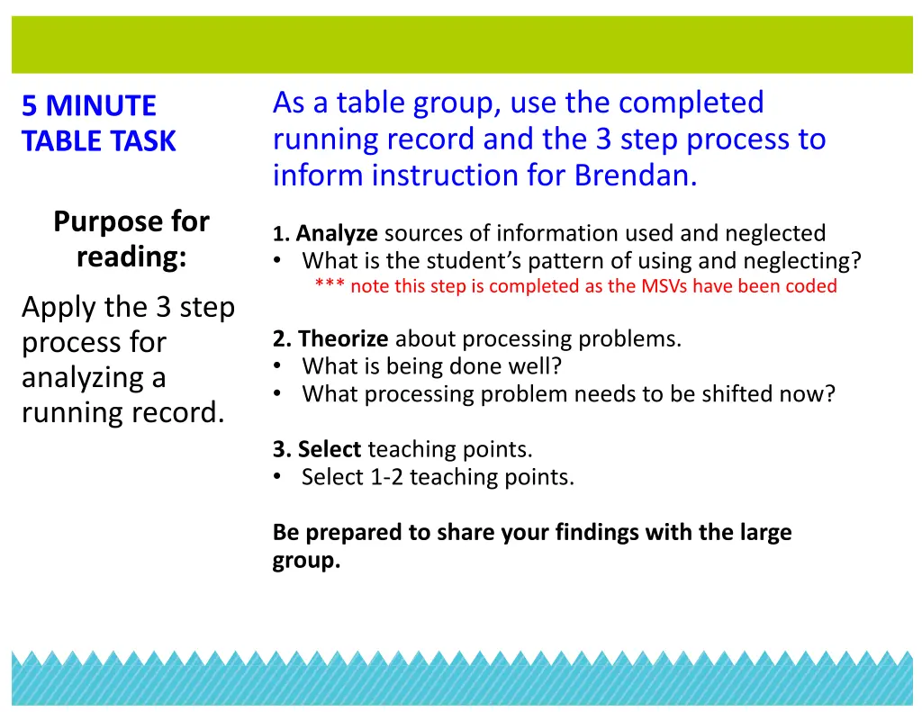as a table group use the completed running record