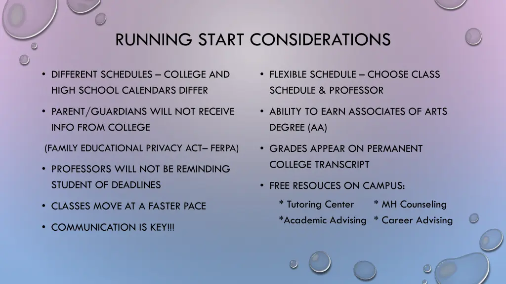 running start considerations