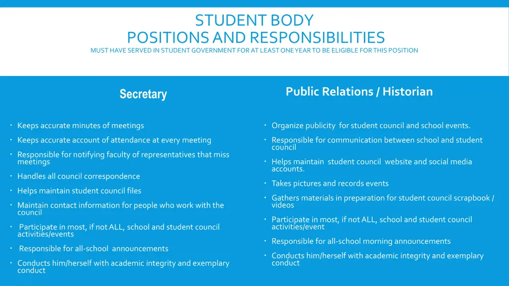 student body positions and responsibilities must 1