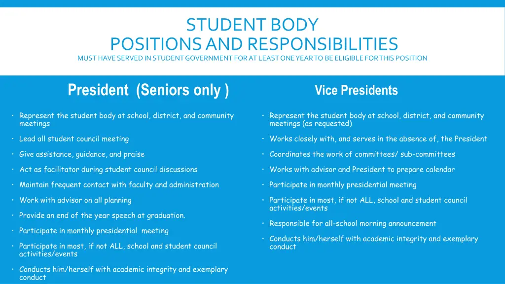 student body positions and responsibilities must