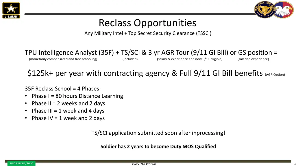 reclass opportunities any military intel
