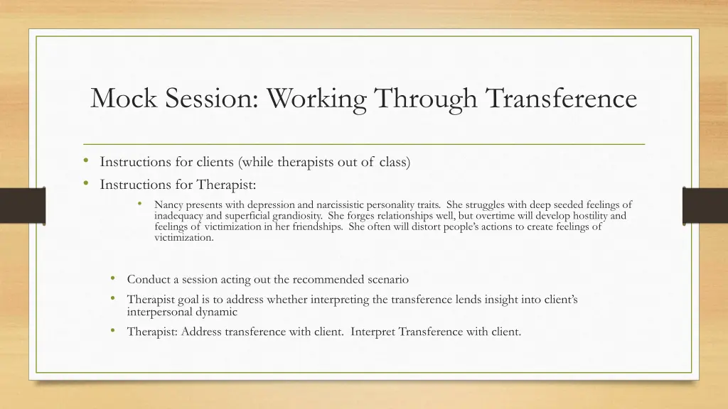 mock session working through transference