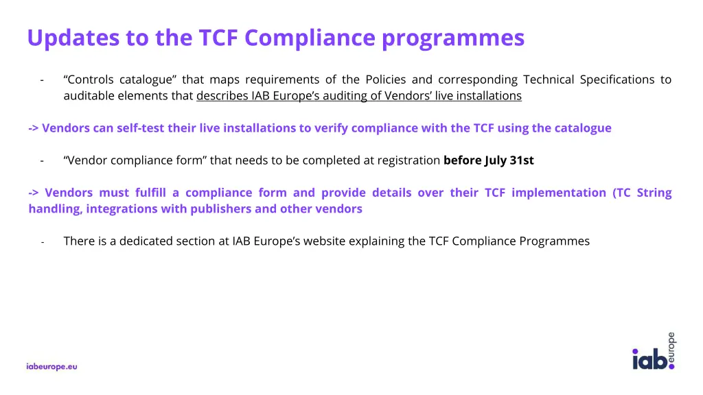 updates to the tcf compliance programmes 1