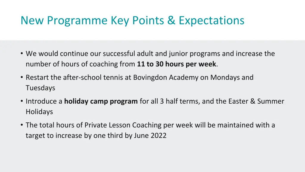 new programme key points expectations