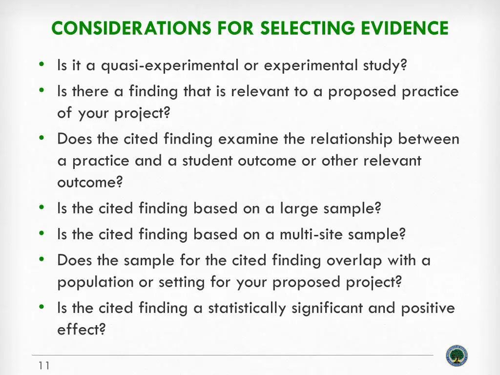 considerations for selecting evidence