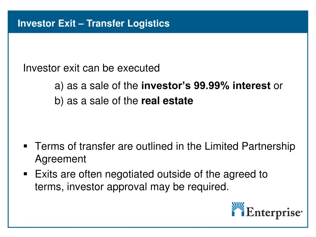 investor exit transfer logistics