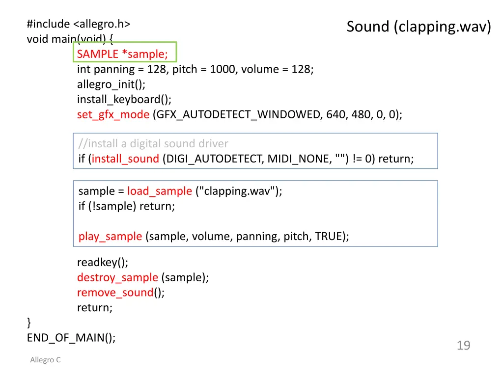 include allegro h void main void sample sample