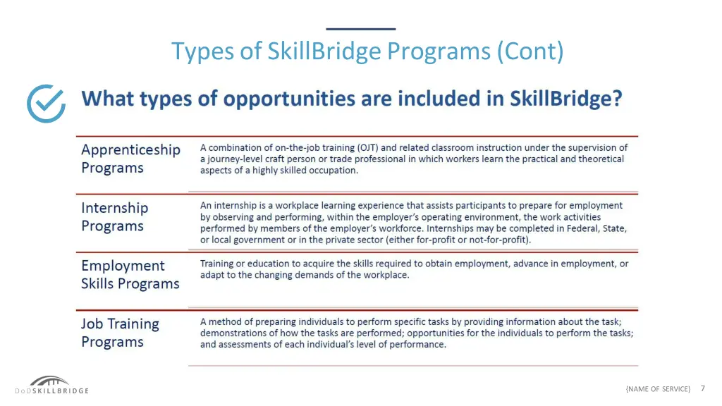 types of skillbridge programs cont