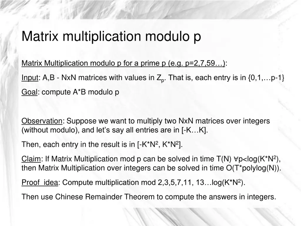 matrix multiplication modulo p 1
