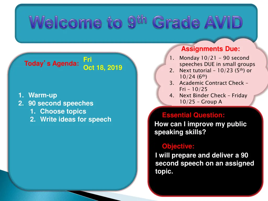 assignments due monday 10 21 90 second speeches