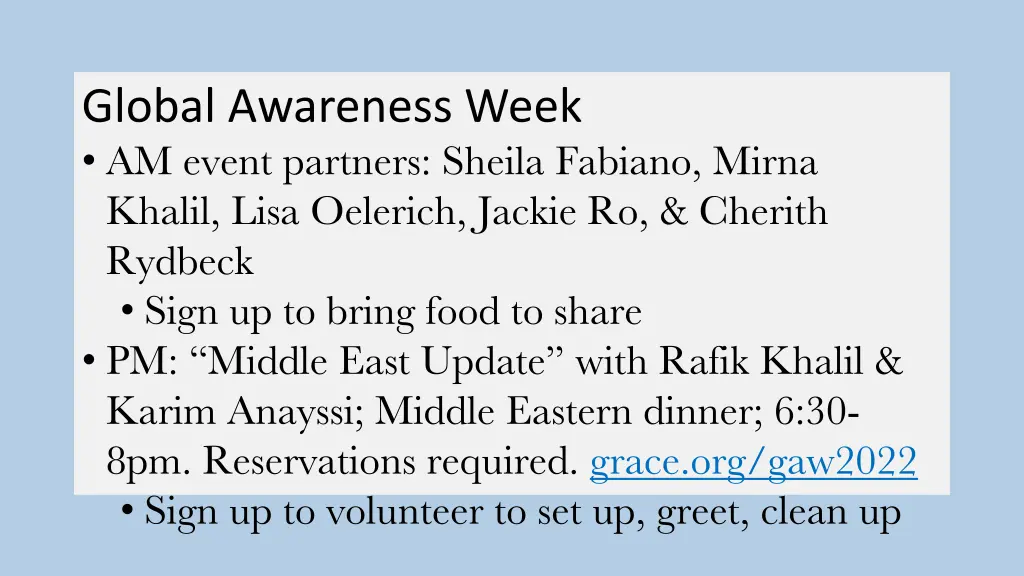 global awareness week am event partners sheila