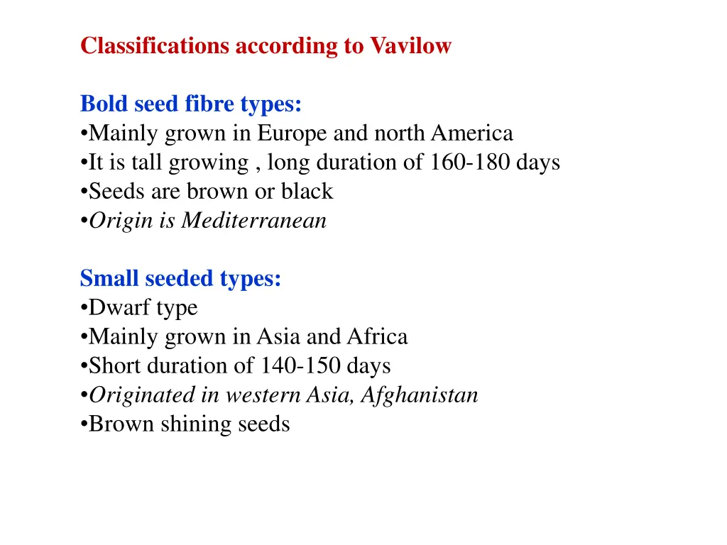 classifications according to vavilow