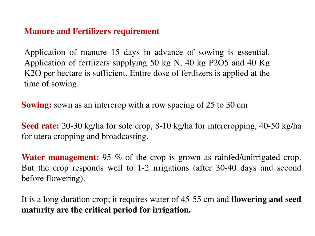 manure and fertilizers requirement
