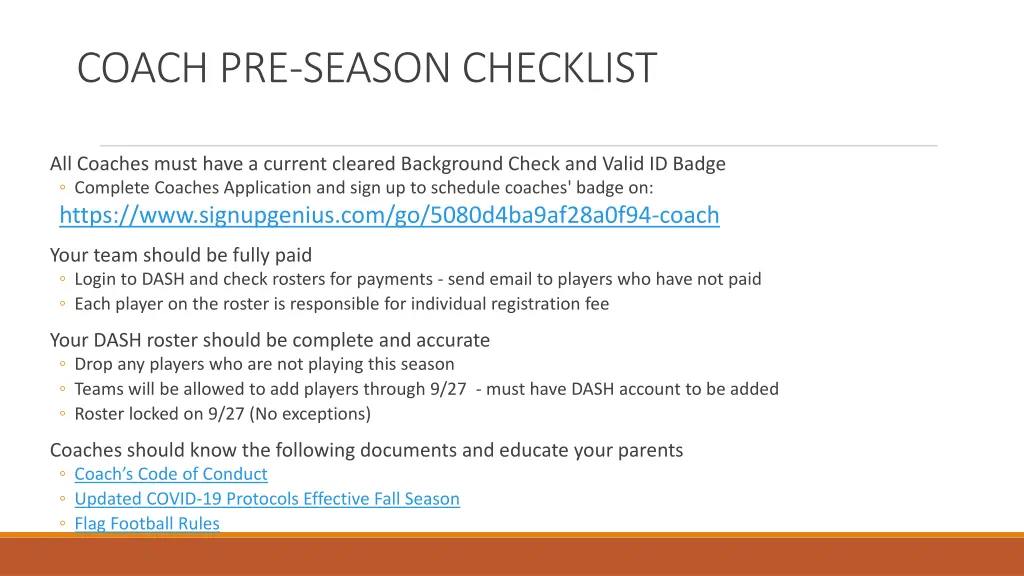 coach pre season checklist