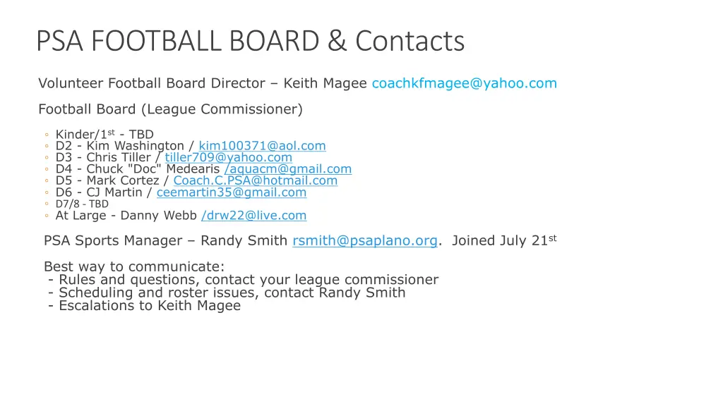 psa football board contacts