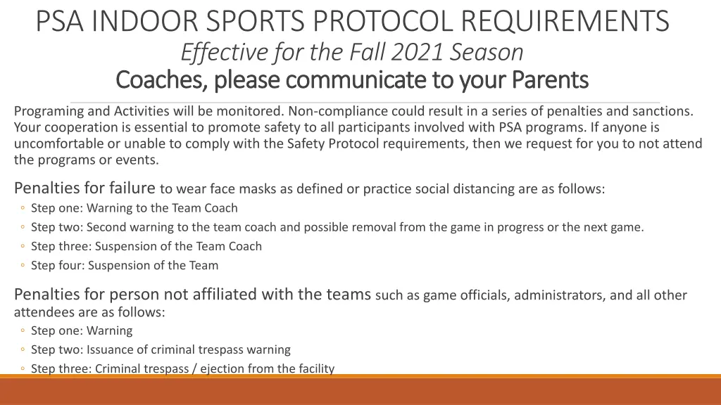 psa indoor sports protocol requirements effective 1