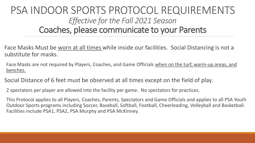 psa indoor sports protocol requirements effective