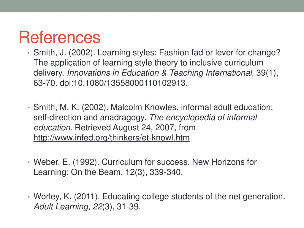 references smith j 2002 learning styles fashion
