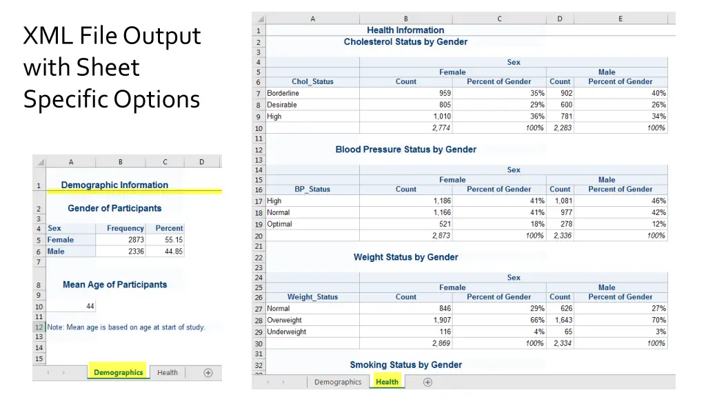 xml file output with sheet specific options