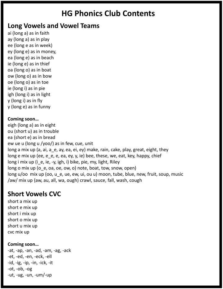 hg phonics club contents