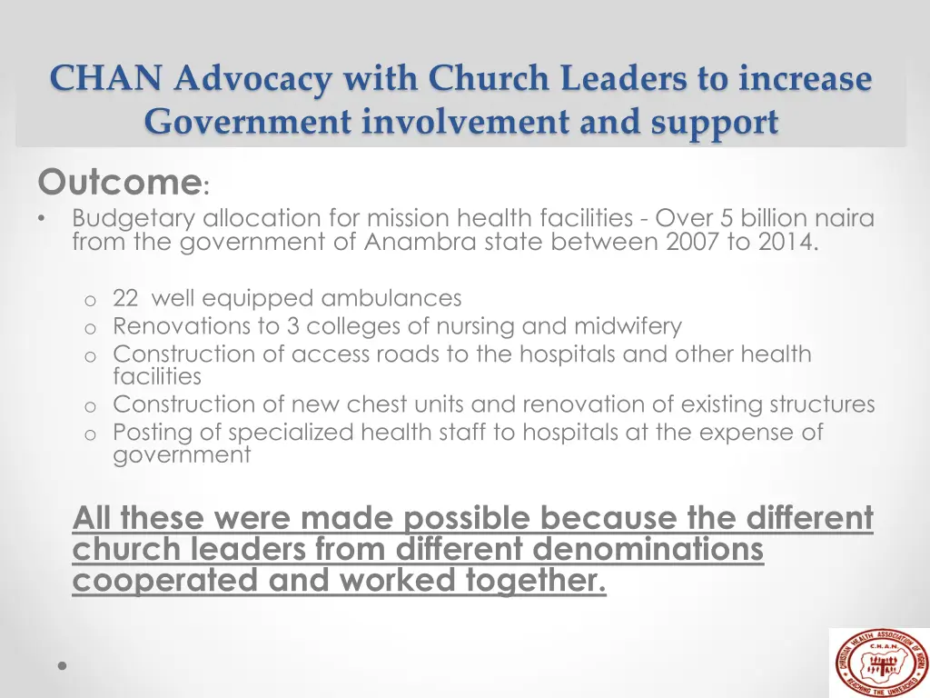 chan advocacy with church leaders to increase 1