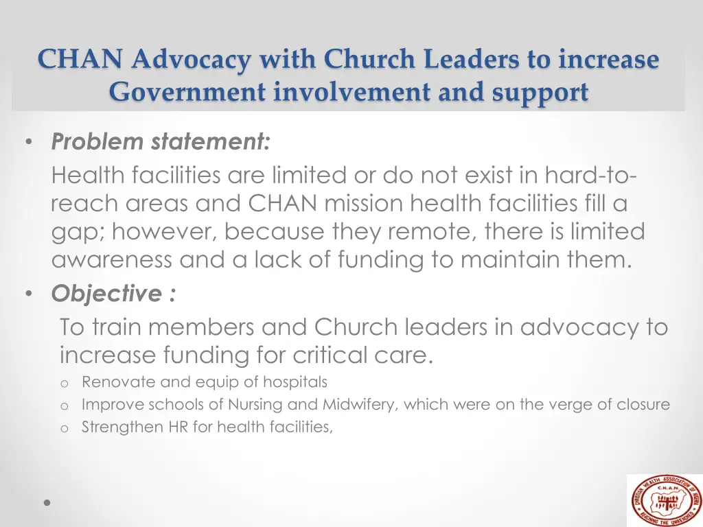 chan advocacy with church leaders to increase