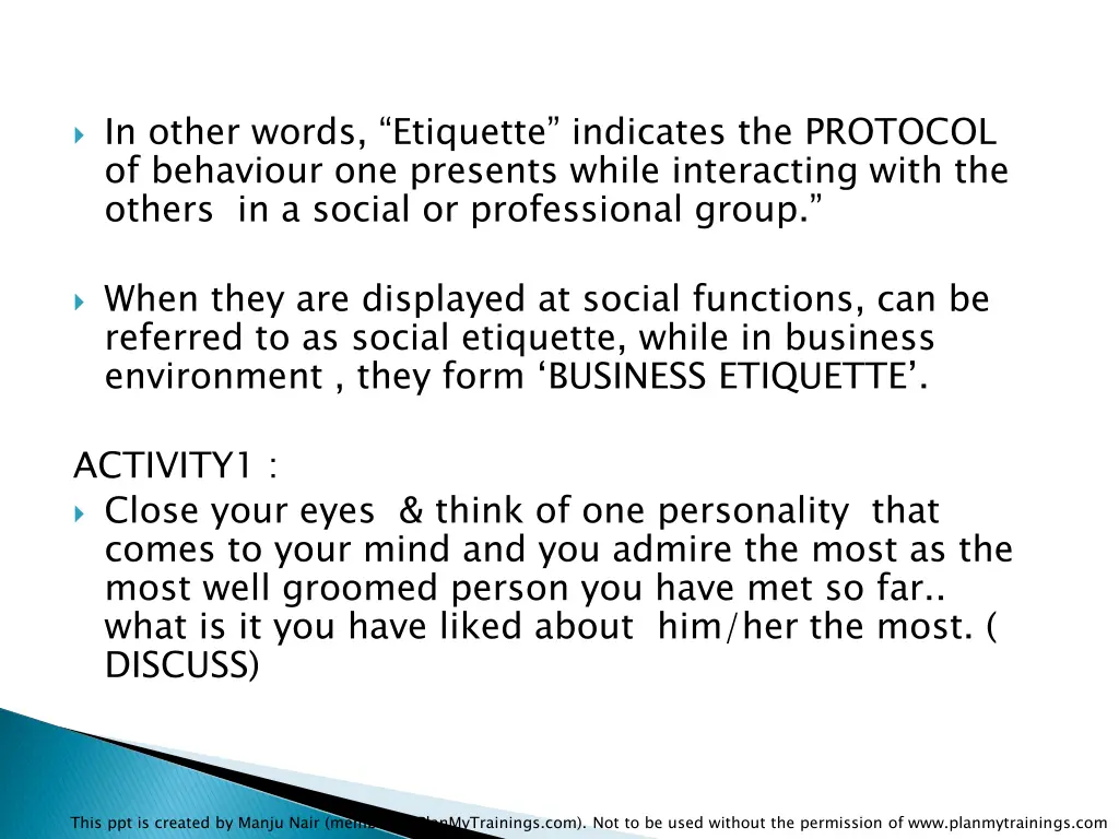 in other words etiquette indicates the protocol