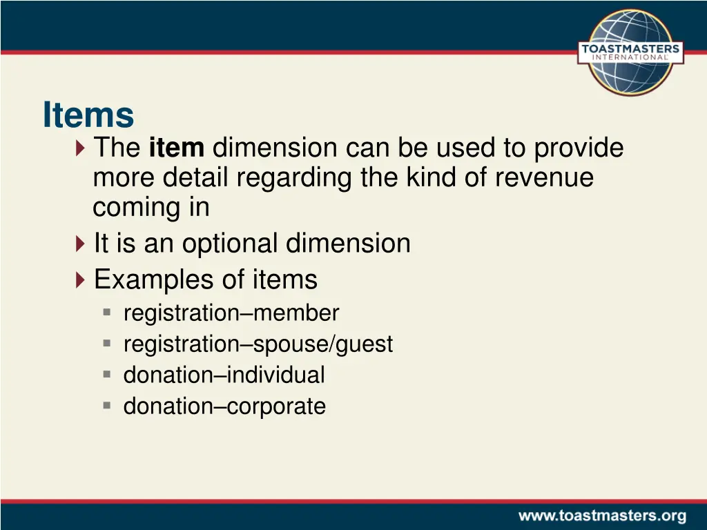 items the item dimension can be used to provide