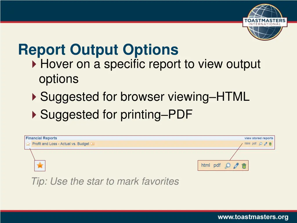 report output options hover on a specific report