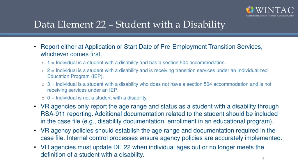 data element 22 student with a disability