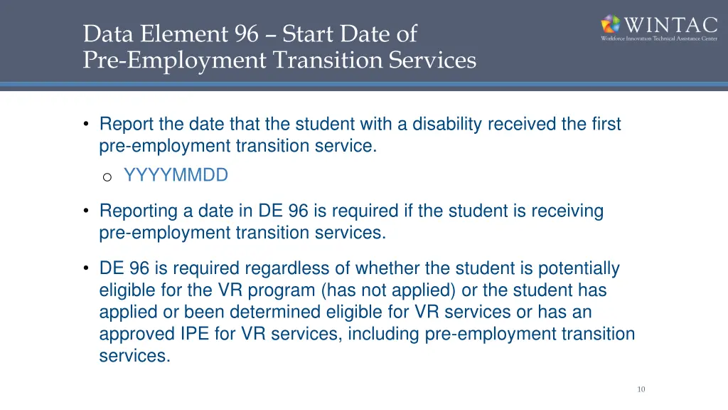 data element 96 start date of pre employment