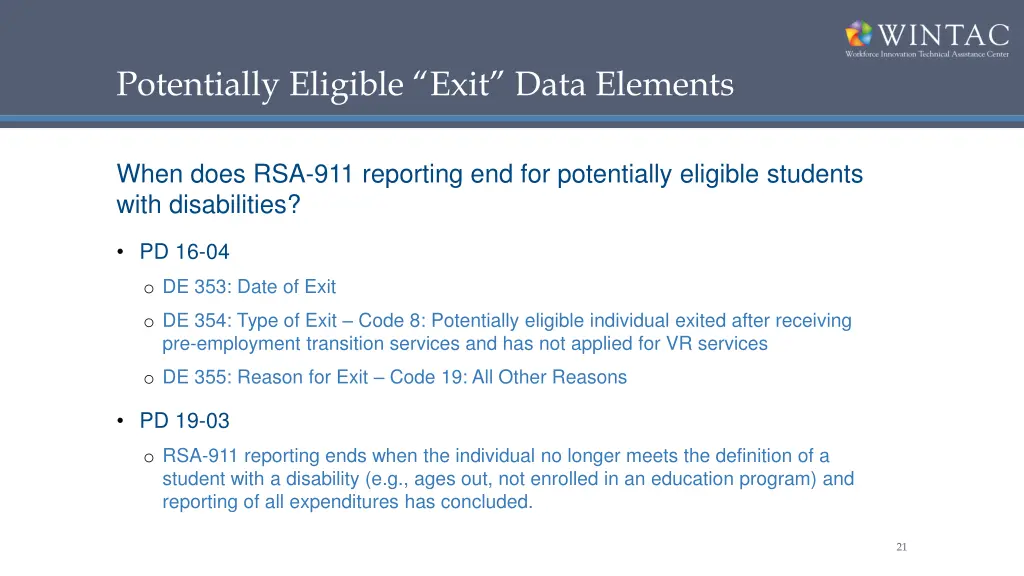 potentially eligible exit data elements