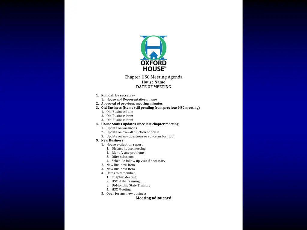 chapter hsc meeting agenda house name date