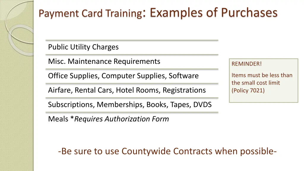 payment card training examples of purchases