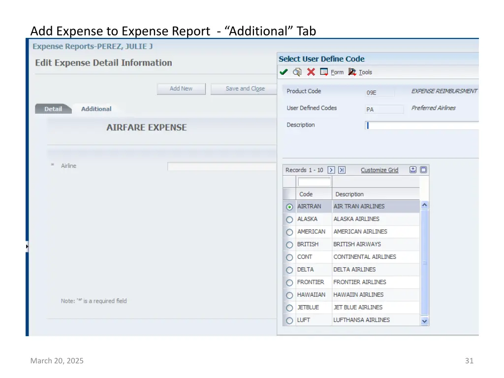 add expense to expense report additional tab
