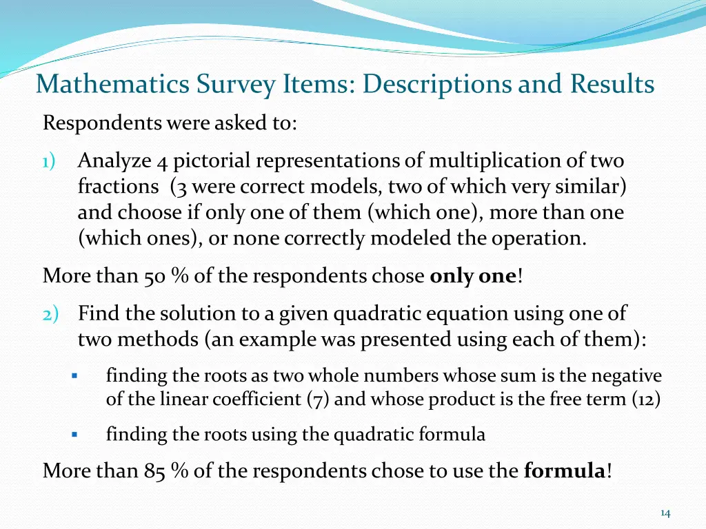 mathematics survey items descriptions and results