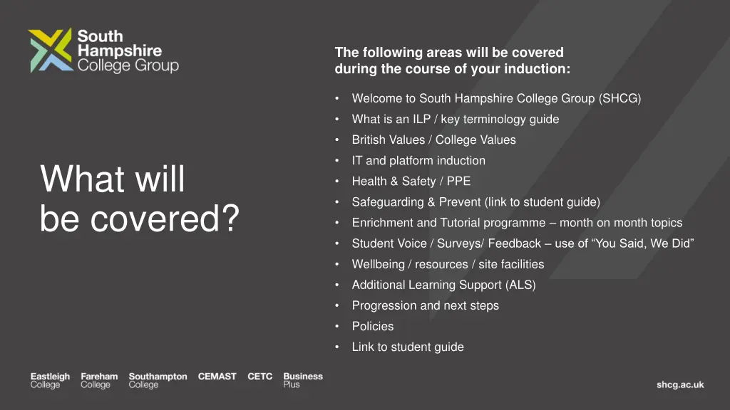 the following areas will be covered during