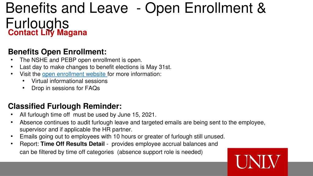 benefits and leave open enrollment furloughs