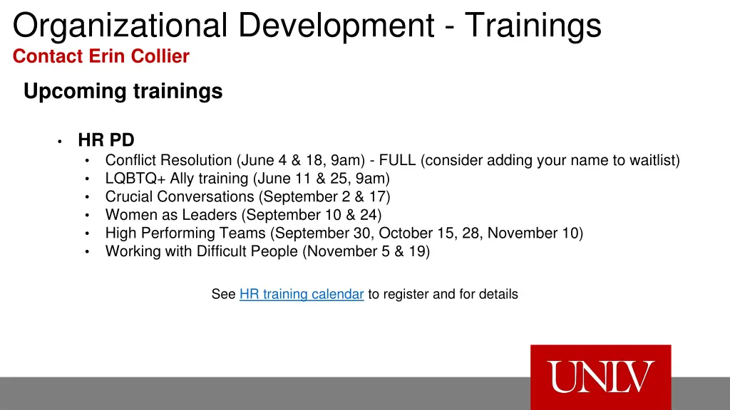 organizational development trainings contact erin