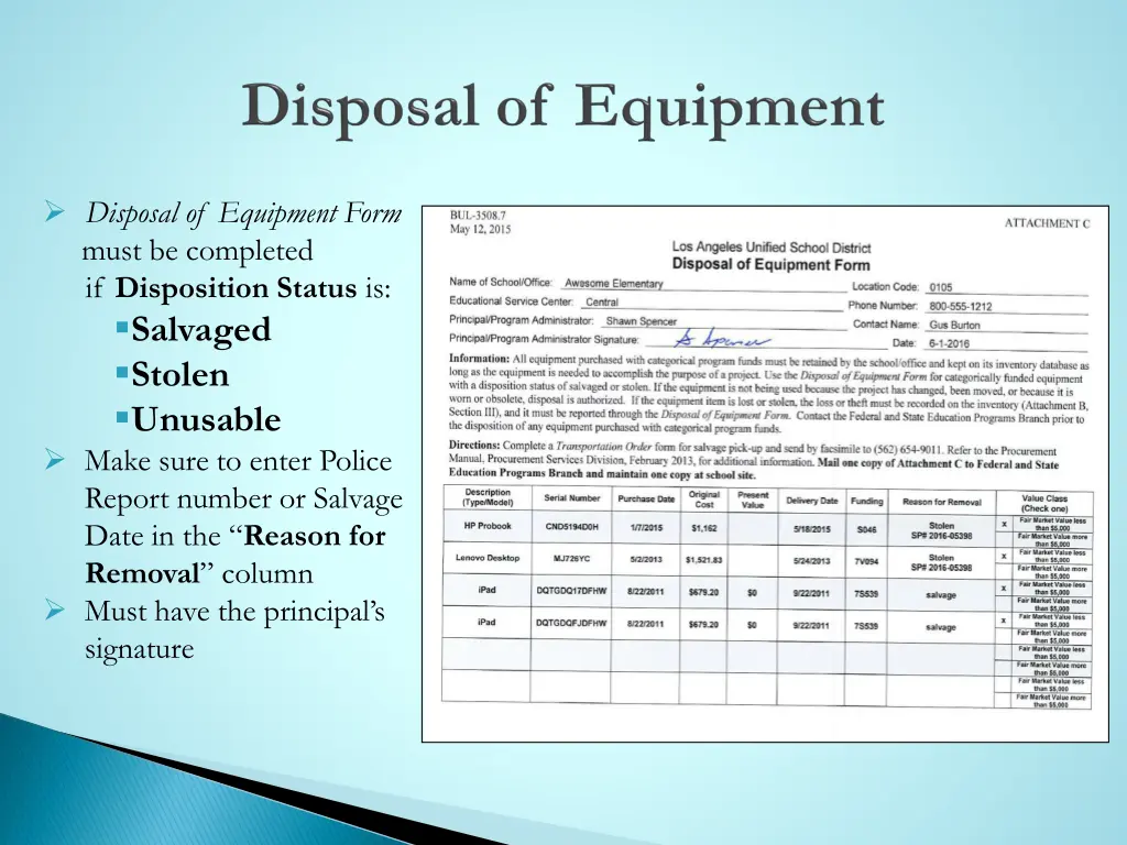 disposal of equipment form must be completed