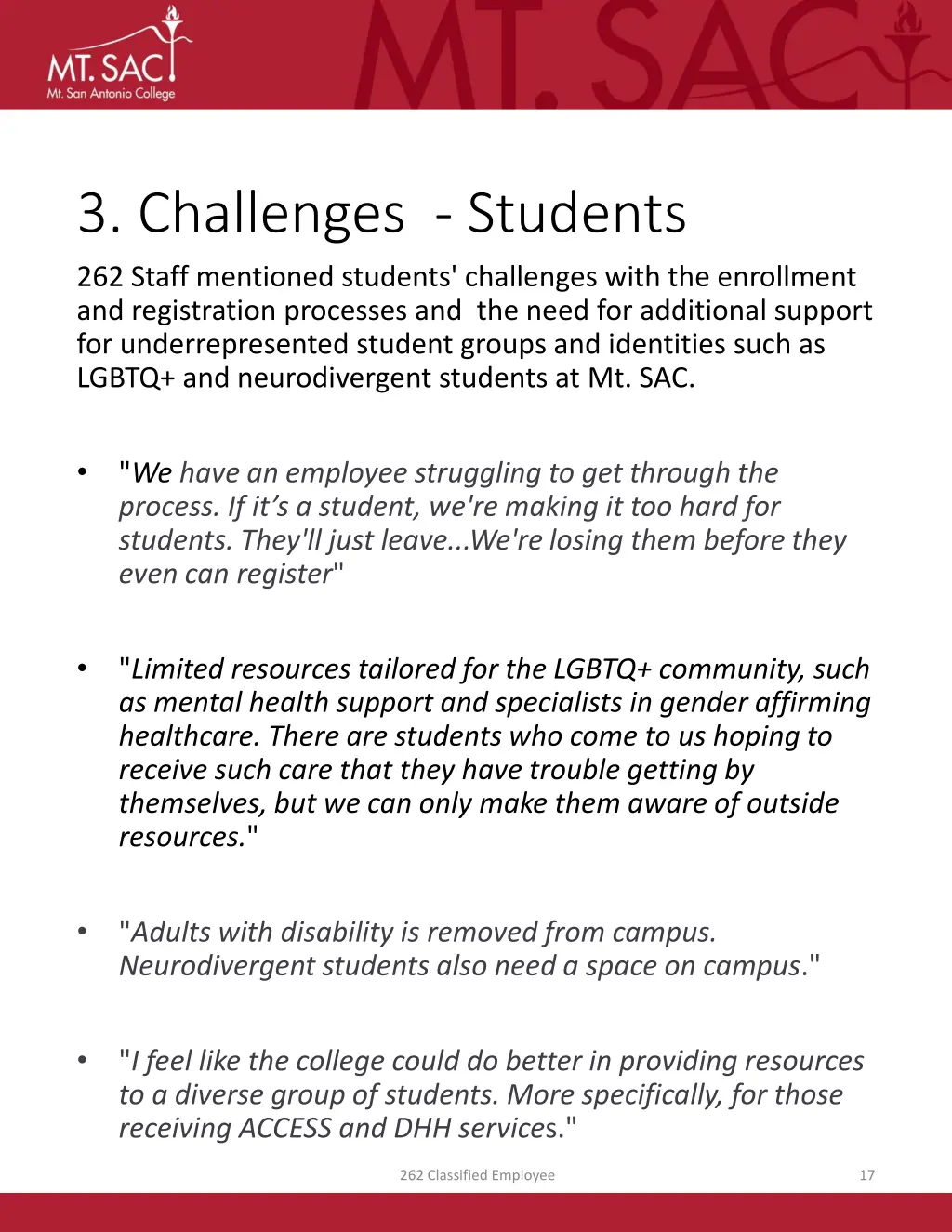 3 challenges students 262 staff mentioned