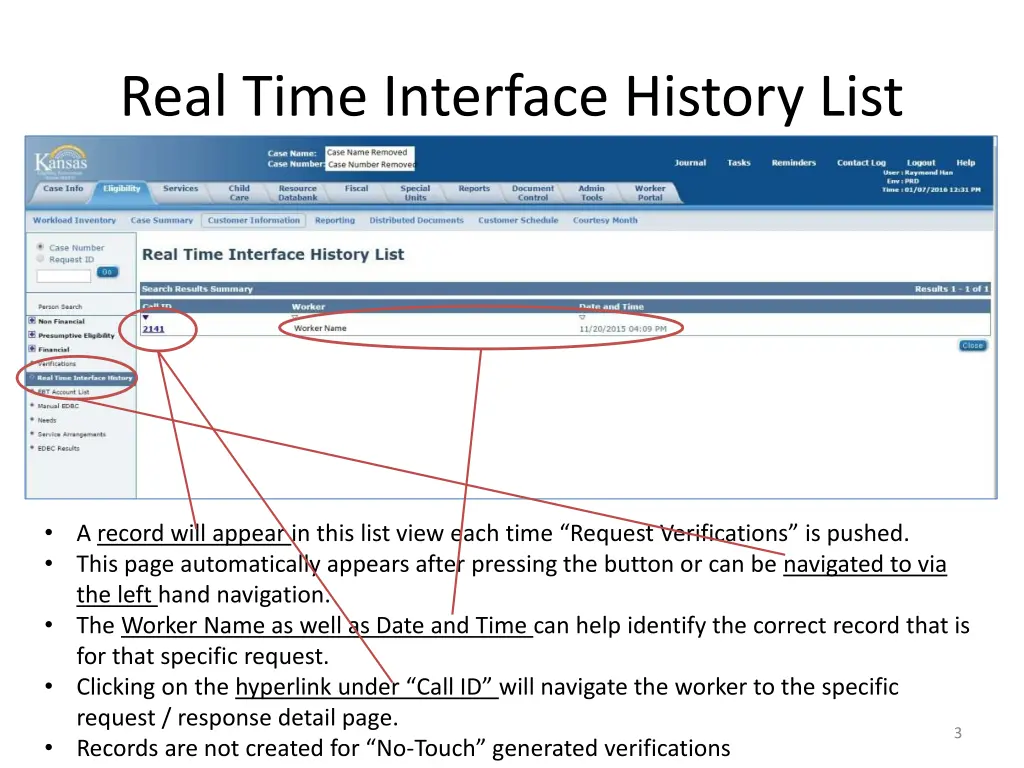 real time interface history list
