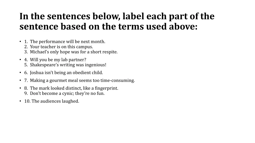in the sentences below label each part